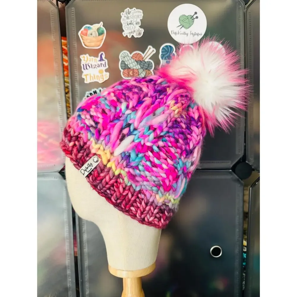 Hand Knit Merino Wool Scrappy Lake Erie Beanie: Faux Fur Pom - Adult Size